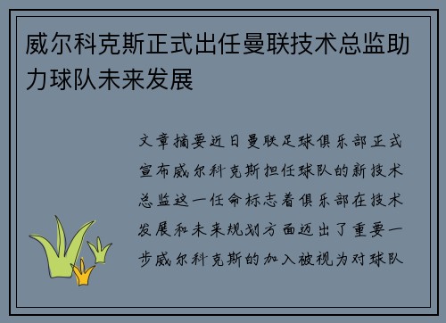 威尔科克斯正式出任曼联技术总监助力球队未来发展