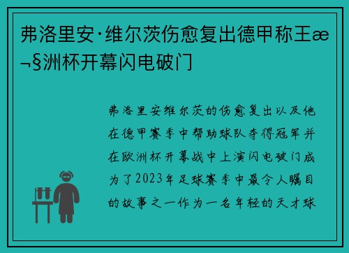 弗洛里安·维尔茨伤愈复出德甲称王欧洲杯开幕闪电破门