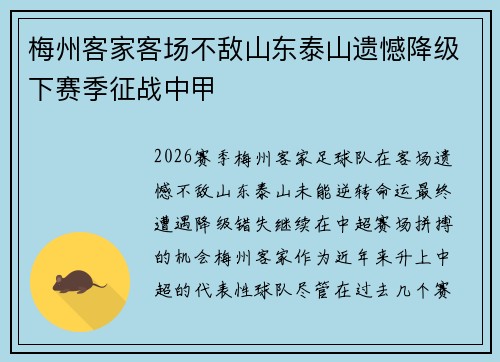 梅州客家客场不敌山东泰山遗憾降级下赛季征战中甲